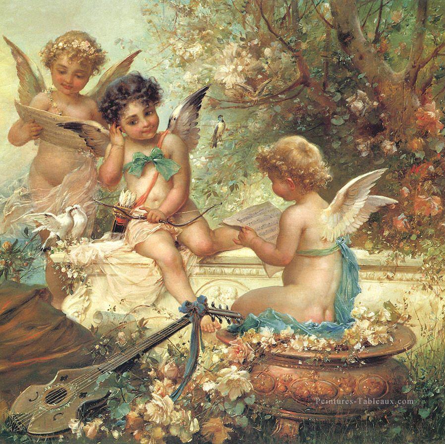 anges floraux et guitare Hans Zatzka enfant Peintures à l'huile